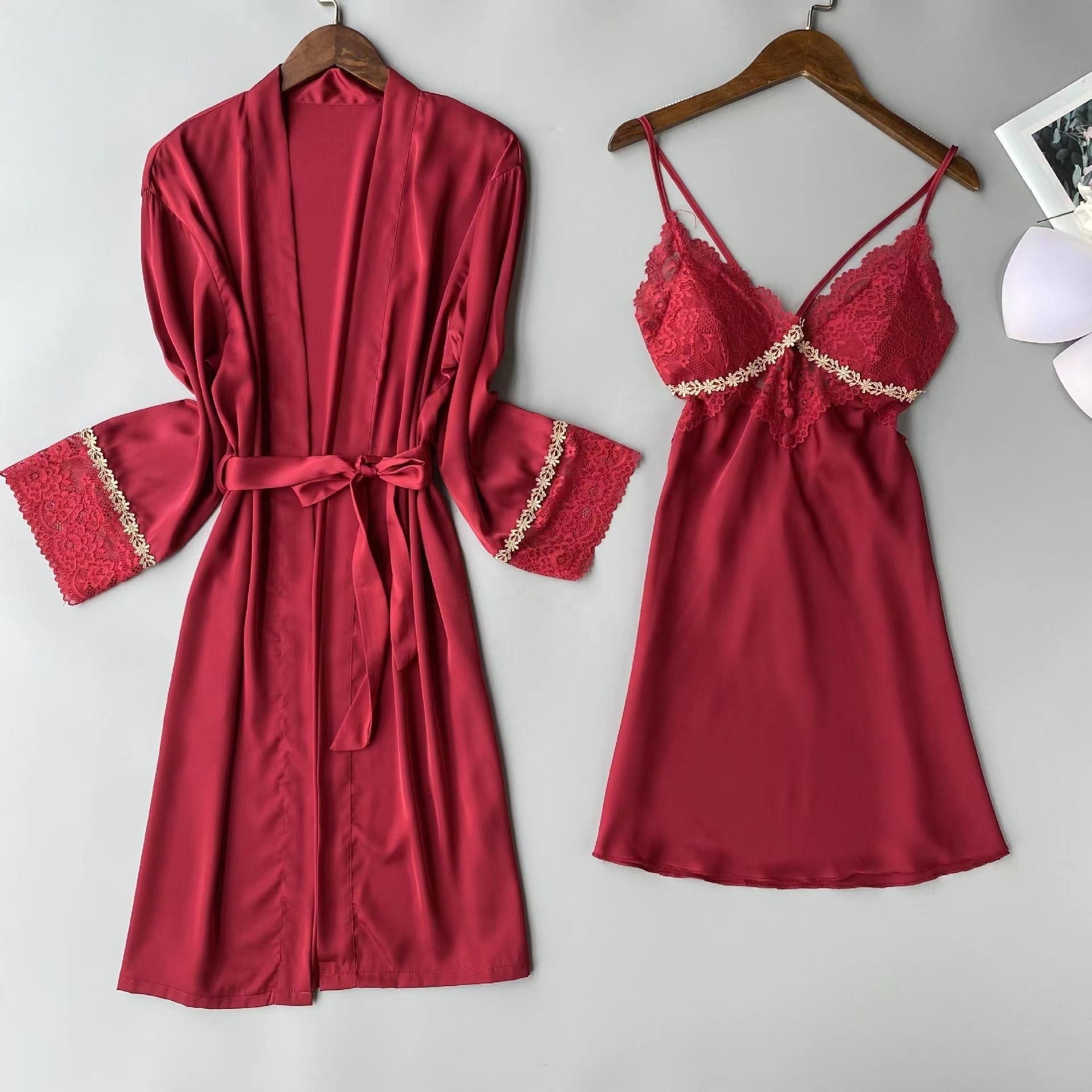 Two Pieces Silk Satin Nighty Sexy Wear Cross Back Night Dress Pijama Robe Set Fancy Lace Women's Sleepwear