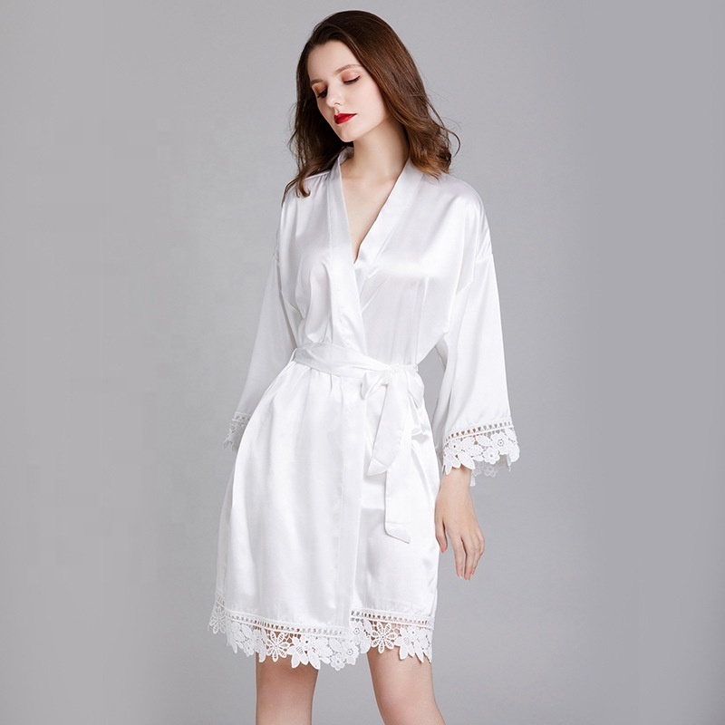 High Quality Women Breathable Lace Robe Silk Wedding Party Kimono Robe Satin Bride Night Robe