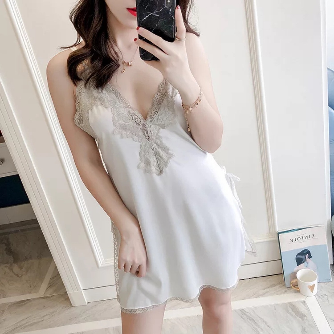 Women Sexy Lingerie Transparent Nighty One Piece Pajamas Satin Silk V-neck Night Gown