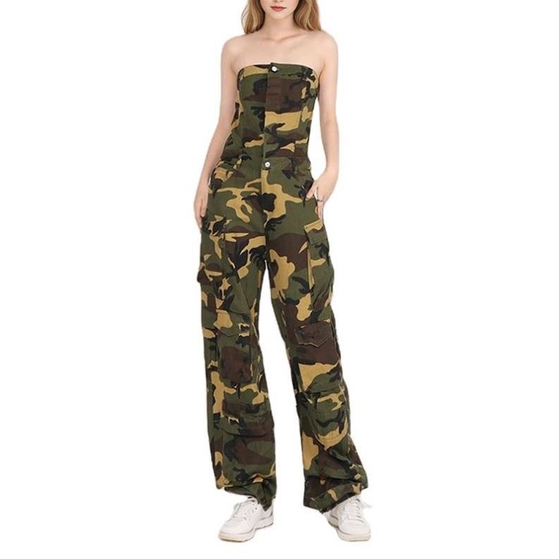 Bettergirl Fashion Strapless Sleeveless High Waist Patchwork Button Camouflage Jumpsuits For Women 2023