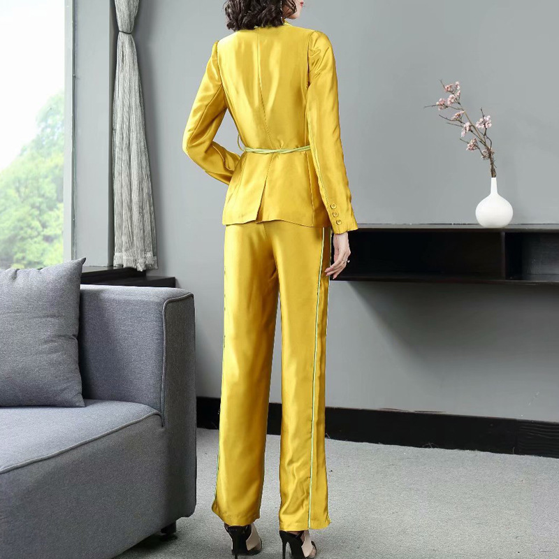 New Goddess Fashion Lady Suits Pants Blazer Set With Belt Yellow Women Two-piece Suit