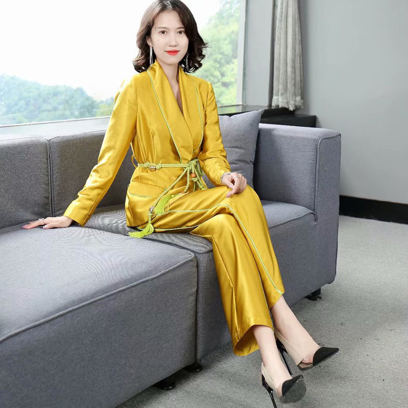 New Goddess Fashion Lady Suits Pants Blazer Set With Belt Yellow Women Two-piece Suit