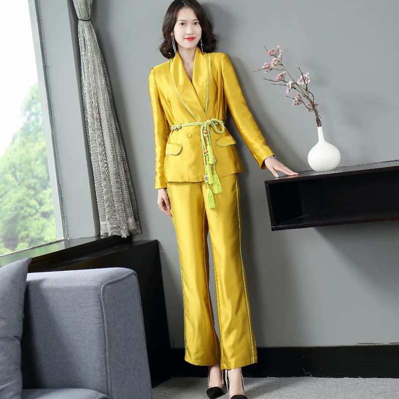 New Goddess Fashion Lady Suits Pants Blazer Set With Belt Yellow Women Two-piece Suit