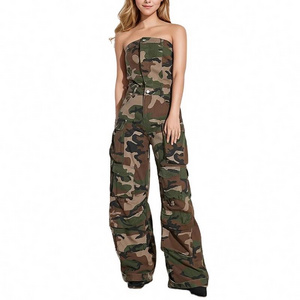 Bettergirl Fashion Strapless Sleeveless High Waist Patchwork Button Camouflage Jumpsuits For Women 2023