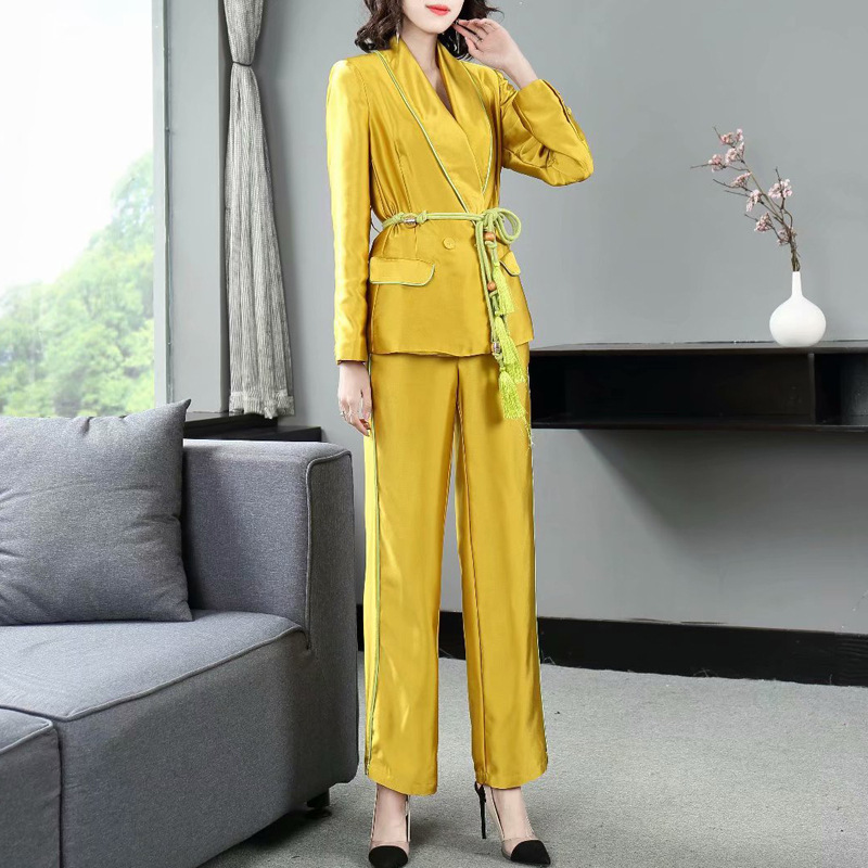 New Goddess Fashion Lady Suits Pants Blazer Set With Belt Yellow Women Two-piece Suit