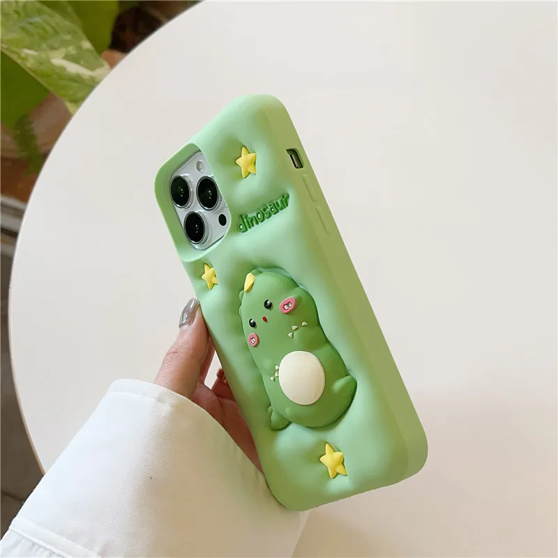 Korean ins pop Cartoon Dinosaur 3D Phone Case For iphone 13 12pro 14 Pro Max i11 13promax kids gift Soft Silicone Cover