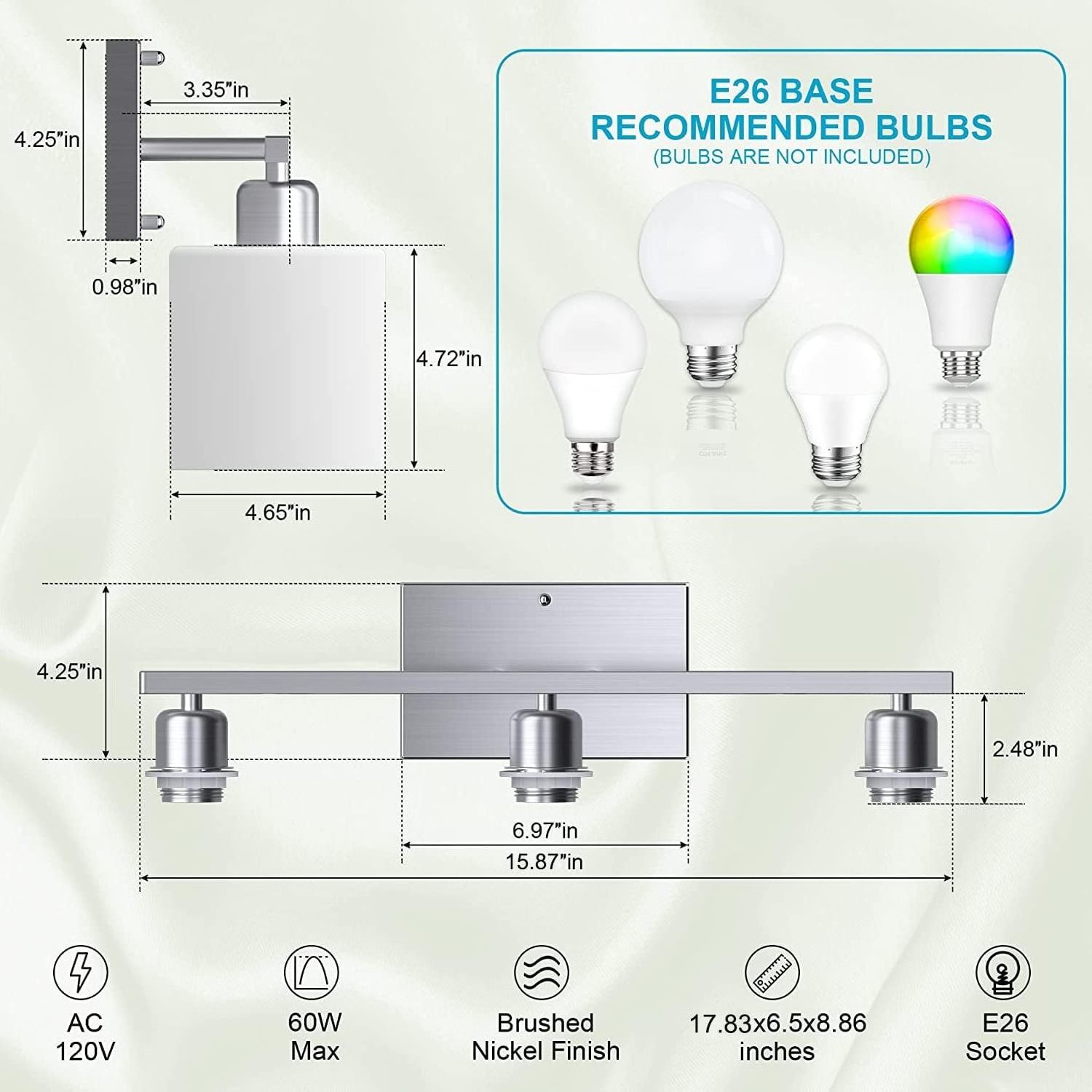 Modern Brushed Nickel, Milky White Bathroom Light Fixtures Over Mirror,  Bulbs Not Included