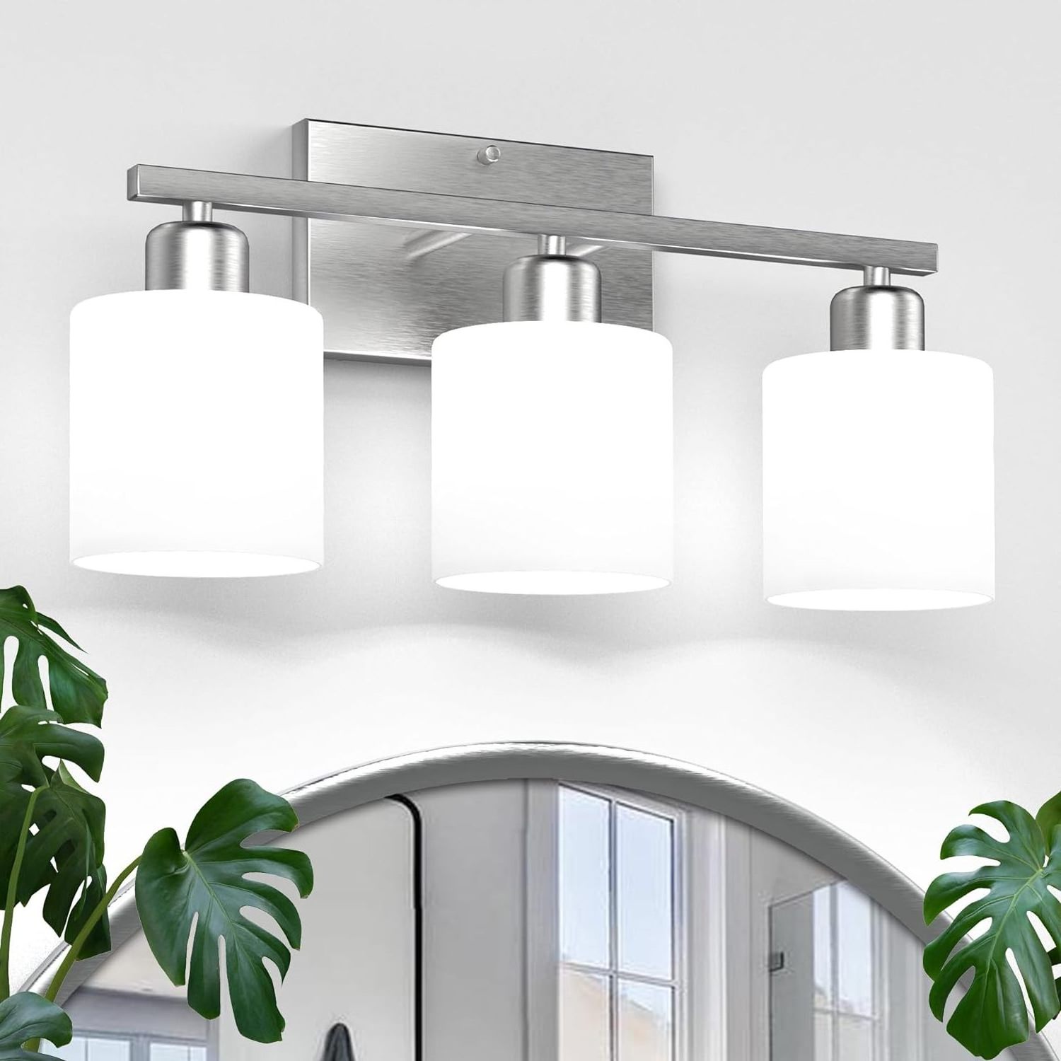 Modern Brushed Nickel, Milky White Bathroom Light Fixtures Over Mirror,  Bulbs Not Included