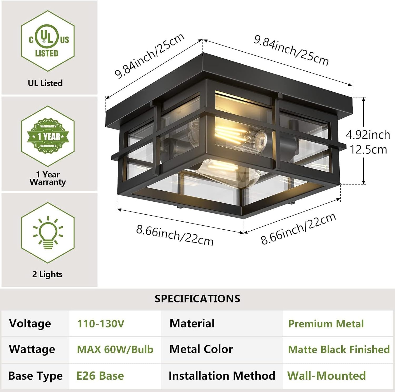 Modern Outdoor Ceiling Light Fixtures 2-Light Black Flush Light Fixtures Ceiling Mount with Clear Glass Shade