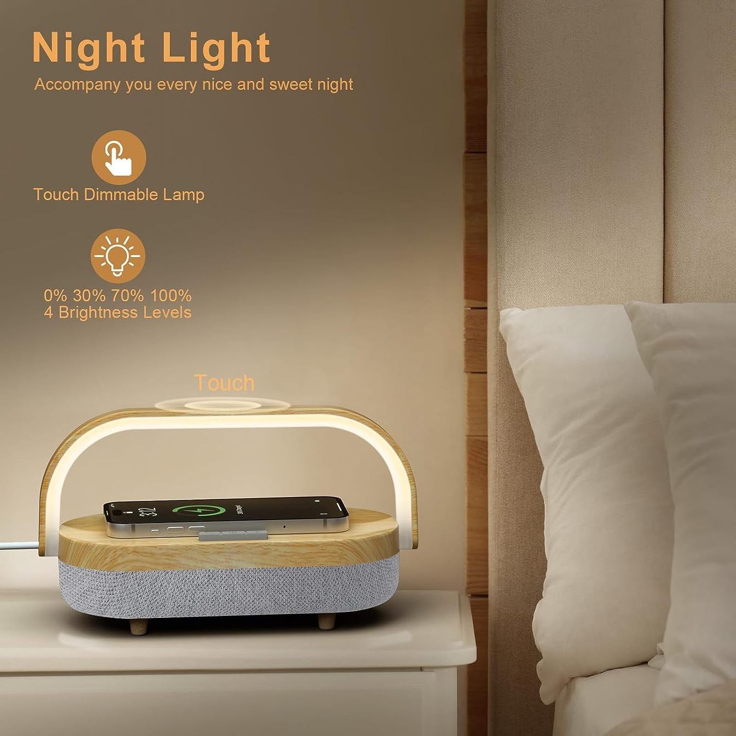 LED Night Light, Bedside Lamp with Wireless Charger, 4 in 1 Touch Charger Lamp