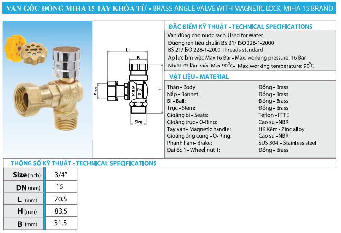 Brass Angle Valve with Magnetic Lock with Manufacture price Best Quality Made in Vietnam Minh Hoa valve