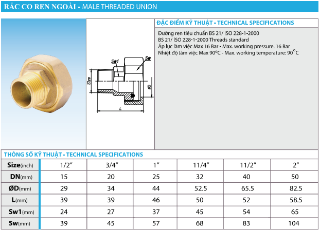 Brass Male Female Threaded union hydraulic hose and fittings with Manufacture price Best Quality Made in Vietnam Minh Hoa valve