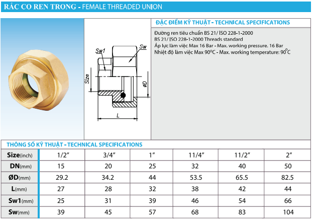 Brass Male Female Threaded union hydraulic hose and fittings with Manufacture price Best Quality Made in Vietnam Minh Hoa valve