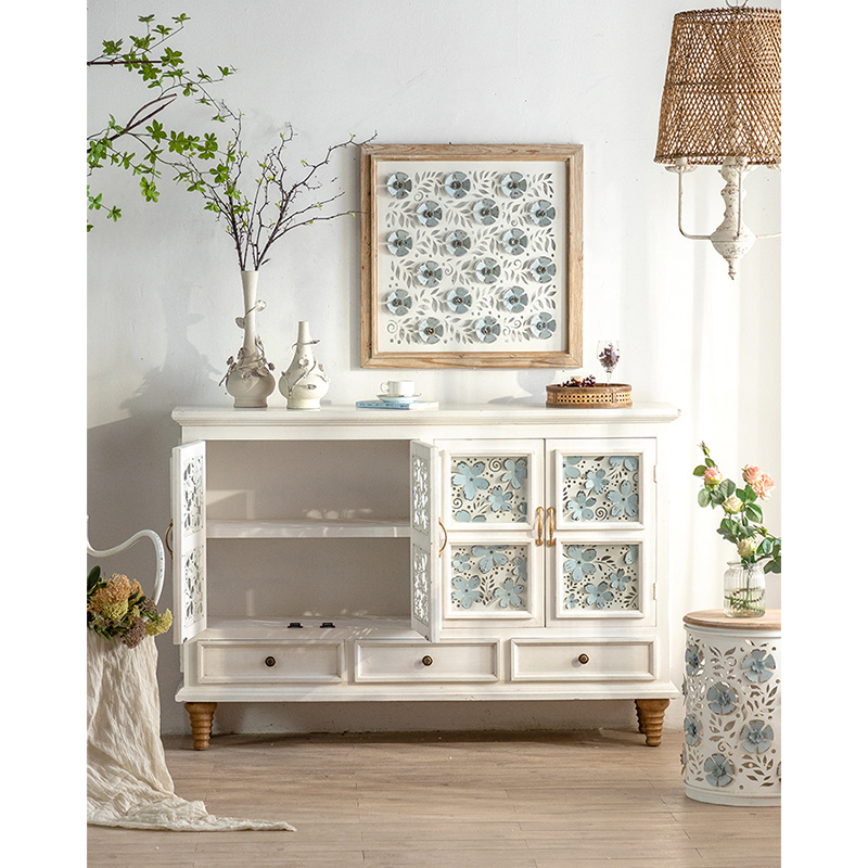 Nordic Living Room Modern Entryway Cabinet White Accent Cabinet with Iron flower Doors Wood top storage sideboard