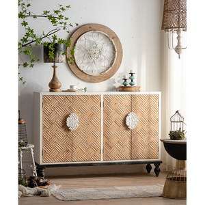 Living Room Cabinet 4 Doors Vintage Farmhouse Solid Wood Storage Home Decor Painted Sideboards Buffet Side Cabinets