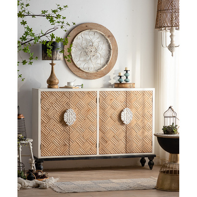 Living Room Cabinet 4 Doors Vintage Farmhouse Solid Wood Storage Home Decor Painted Sideboards Buffet Side Cabinets