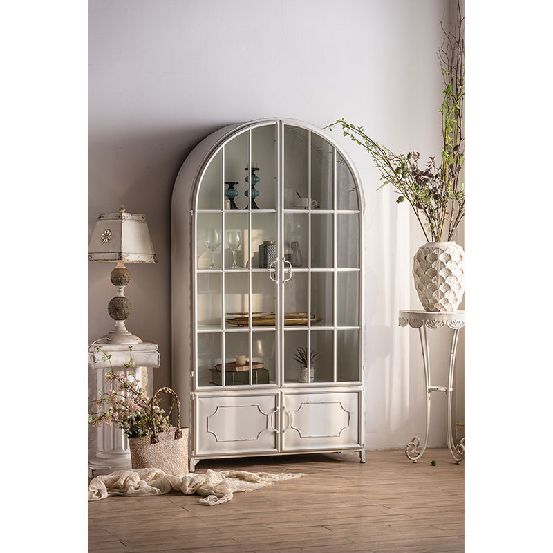 Nordic Style Tempered Glass Showcase Cabinet Wrought Iron Framed  Modern Tall Display Storage Cabinet With 2  Glass Door