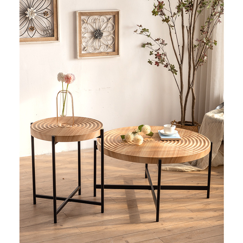 Factory Wholesale Modern Spiral Surface Solid Wood Round Coffee Table Set With Metal Leg Wooden Side Table