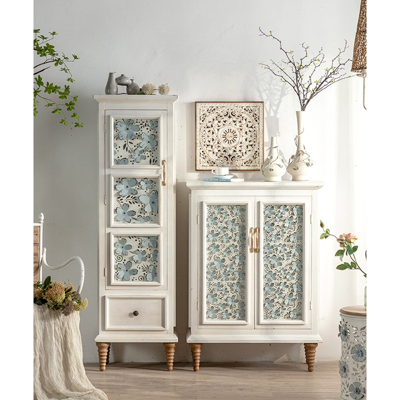 Nordic Living Room Modern Entryway Cabinet White Accent Cabinet with Iron flower Doors Wood top storage sideboard