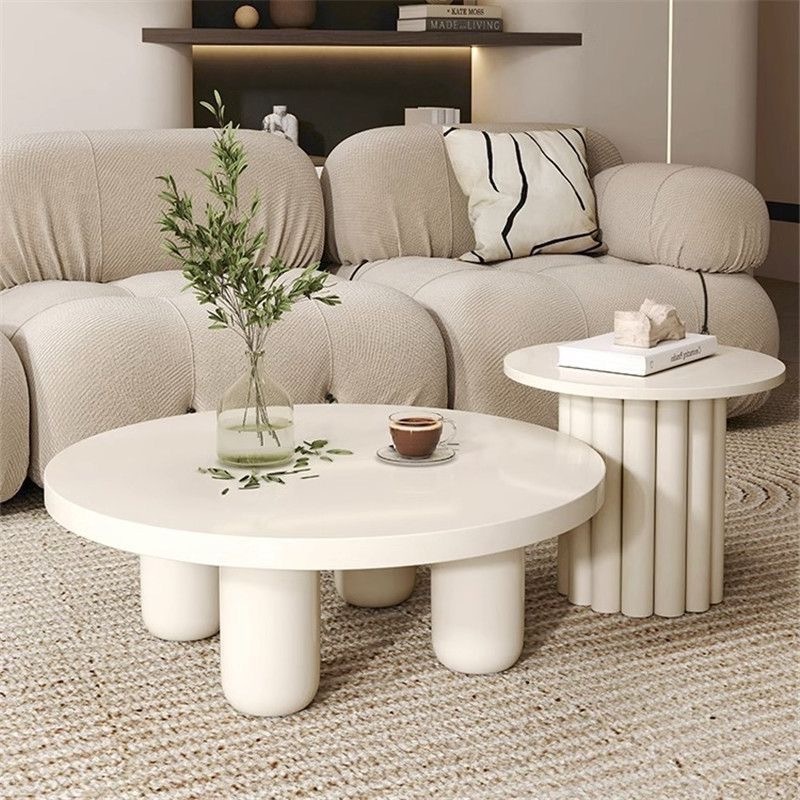 Cream style round coffee table solid wood milky white paint living room creative small household simple coffee table