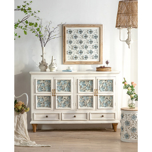 Nordic Living Room Modern Entryway Cabinet White Accent Cabinet with Iron flower Doors Wood top storage sideboard