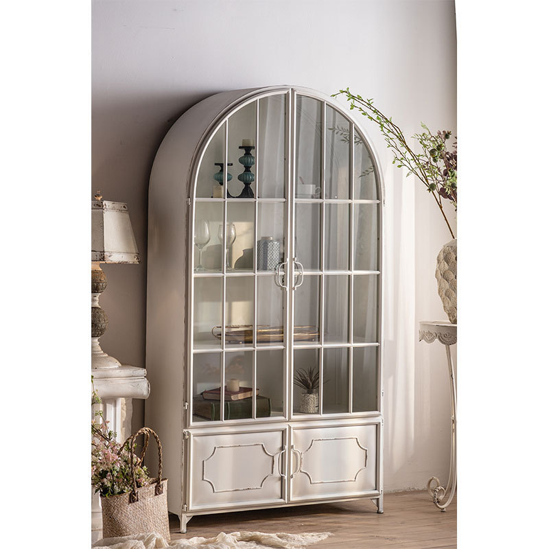 Nordic Style Tempered Glass Showcase Cabinet Wrought Iron Framed  Modern Tall Display Storage Cabinet With 2  Glass Door