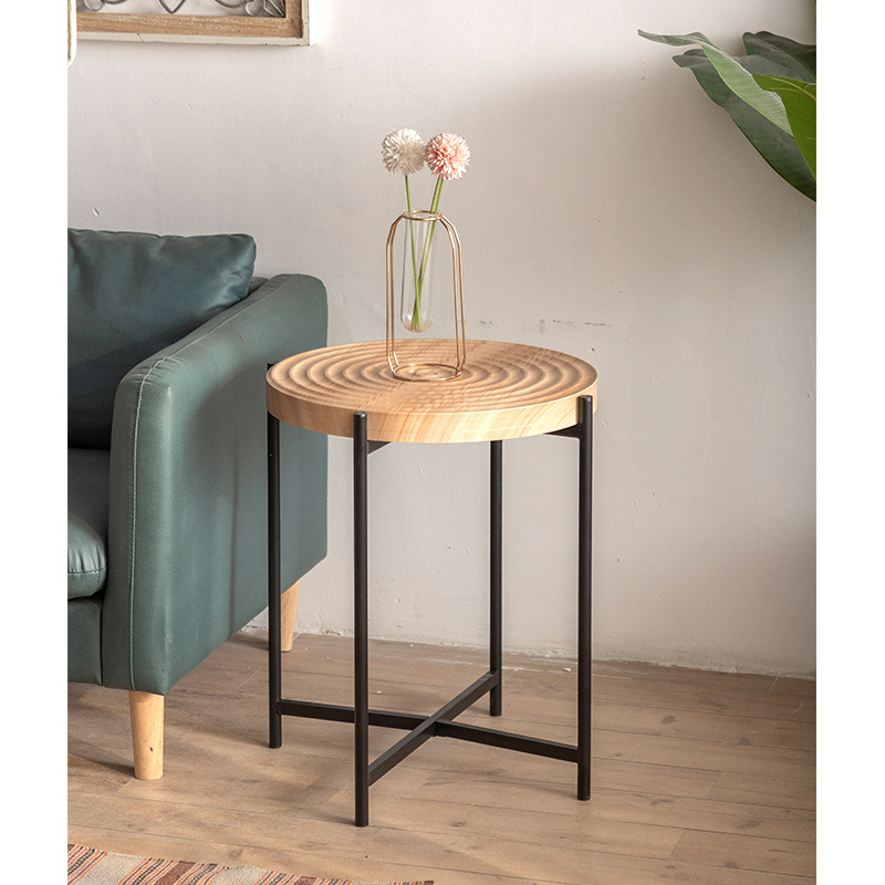 Factory Wholesale Modern Spiral Surface Solid Wood Round Coffee Table Set With Metal Leg Wooden Side Table