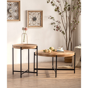 Factory Wholesale Modern Spiral Surface Solid Wood Round Coffee Table Set With Metal Leg Wooden Side Table