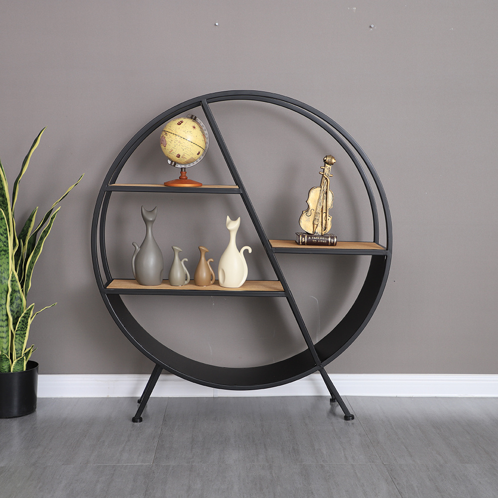 076 Circle Shelf Metal Iron Craft Display Rack Storage Unit with Wood Round Shelf For Bedroom Kitchen Office Bathroom