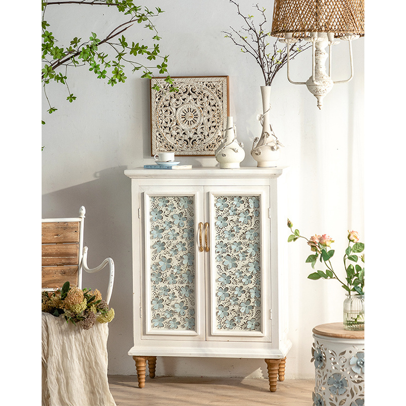 Nordic Living Room Modern Entryway Cabinet White Accent Cabinet with Iron flower Doors Wood top storage sideboard