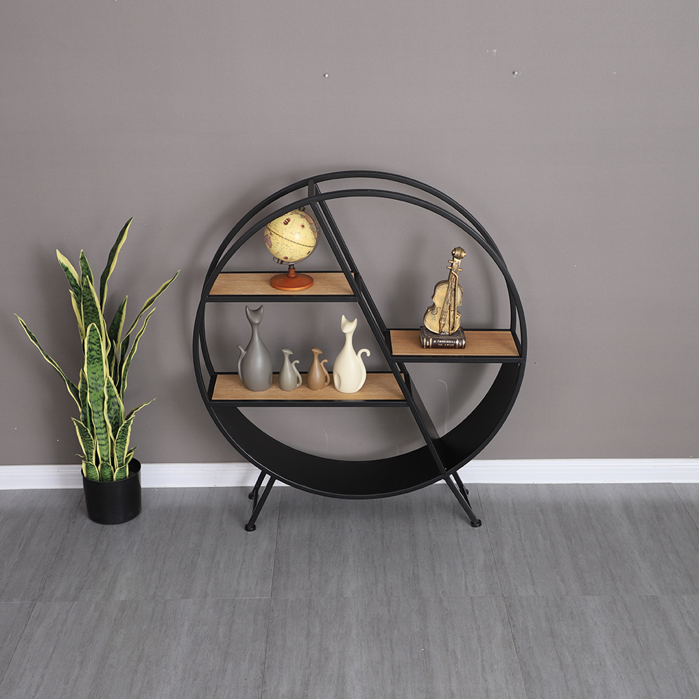 076 Circle Shelf Metal Iron Craft Display Rack Storage Unit with Wood Round Shelf For Bedroom Kitchen Office Bathroom