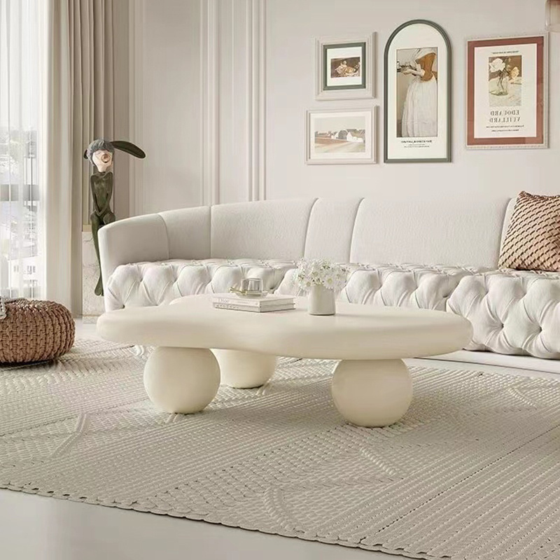 Light luxury white cream-style coffee table simple irregular shape coffee table with ball base