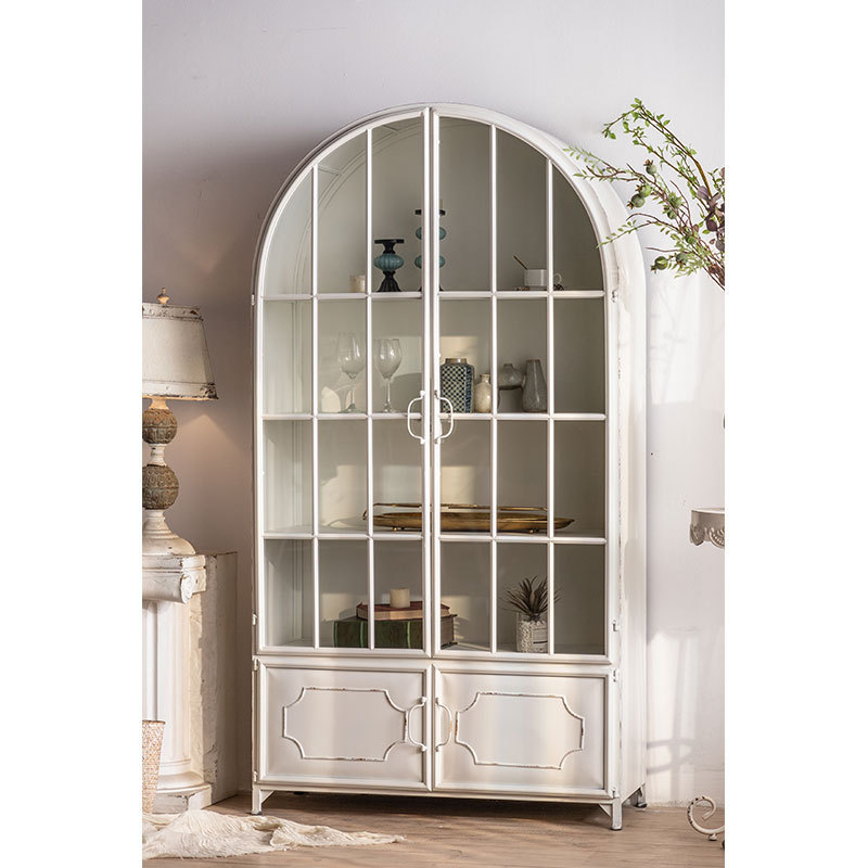 Nordic Style Tempered Glass Showcase Cabinet Wrought Iron Framed  Modern Tall Display Storage Cabinet With 2  Glass Door