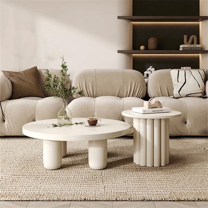 Cream style round coffee table solid wood milky white paint living room creative small household simple coffee table