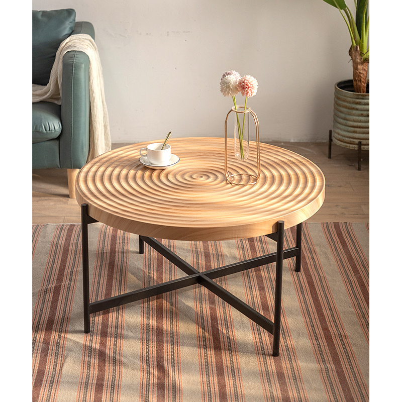 Factory Wholesale Modern Spiral Surface Solid Wood Round Coffee Table Set With Metal Leg Wooden Side Table