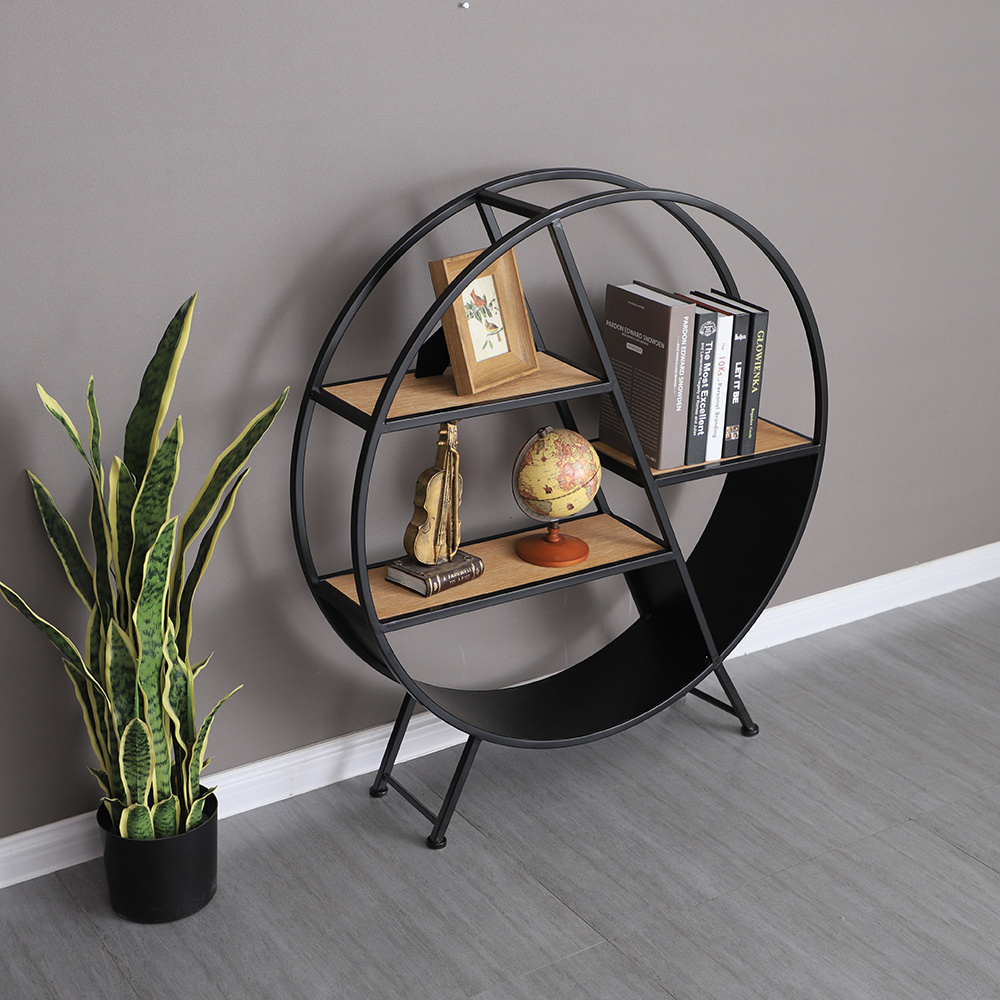 076 Circle Shelf Metal Iron Craft Display Rack Storage Unit with Wood Round Shelf For Bedroom Kitchen Office Bathroom