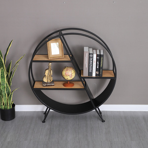 076 Circle Shelf Metal Iron Craft Display Rack Storage Unit with Wood Round Shelf For Bedroom Kitchen Office Bathroom