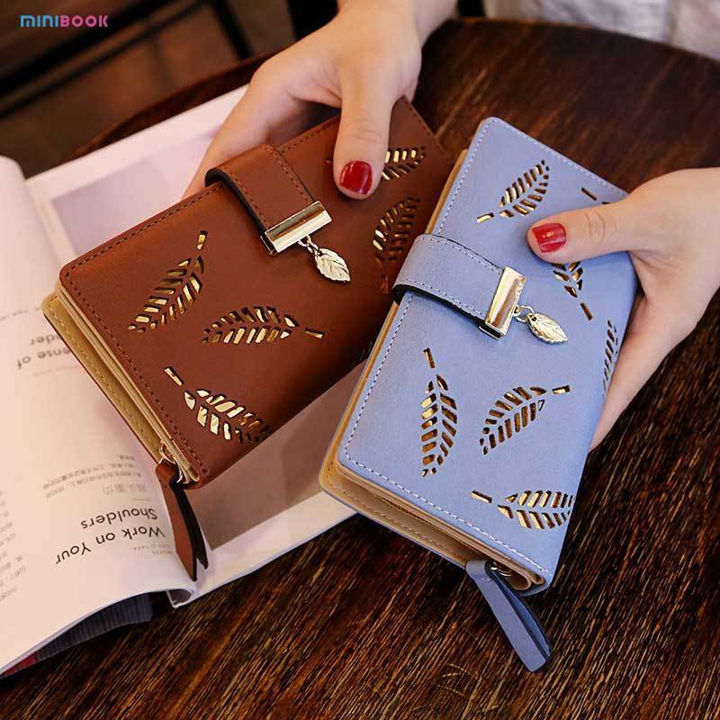 Lady Long Wallet Leather Hollow Leaves Cartera Women Purse Billetera Money Card Holder Clutch Bag Monederos Para Wallet De Mujer