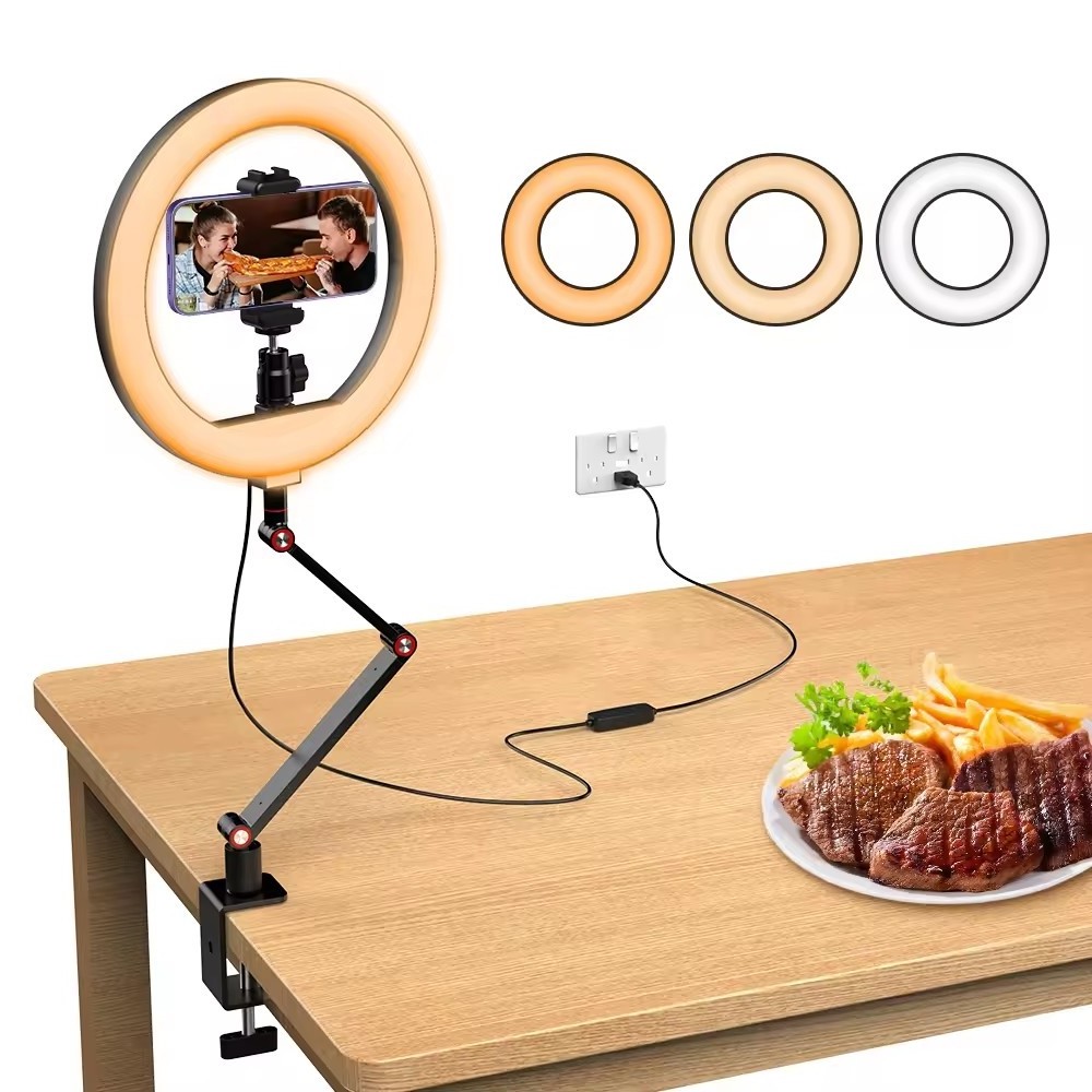 Foldable Phone Arm Stand Desk Tripod LED Light Overhead Camera 10 inch Ring Light for Video Live Stream Cooking Reading