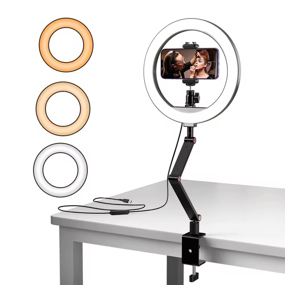 Foldable Phone Arm Stand Desk Tripod LED Light Overhead Camera 10 inch Ring Light for Video Live Stream Cooking Reading