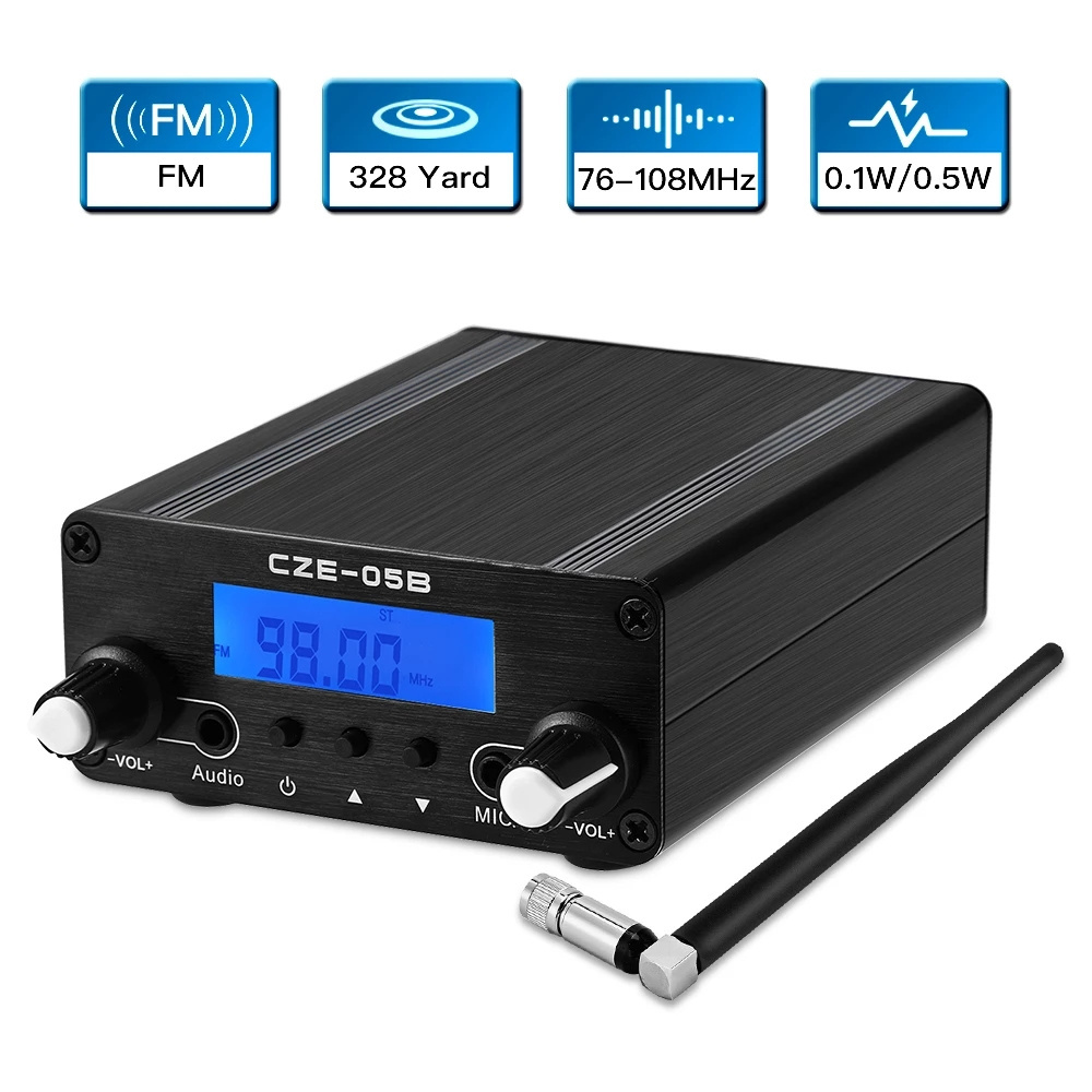 CZE-05B LCD PLL 76MHz~108MHz FM Long Range 0.5W FM Stereo Broadcast Transmitter+Antenna+Power Adapter