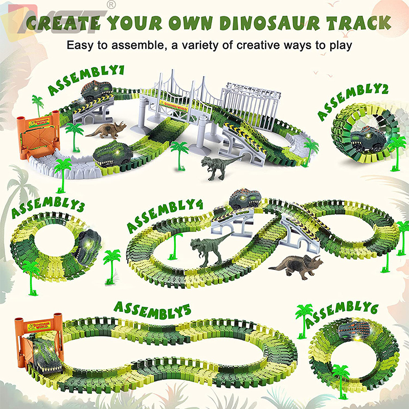 Dinosaur Race Track Toys Set Electric Car Educational Twisted Flexible Train Track DIY Educational Puzzle Assemble Slot Plastic