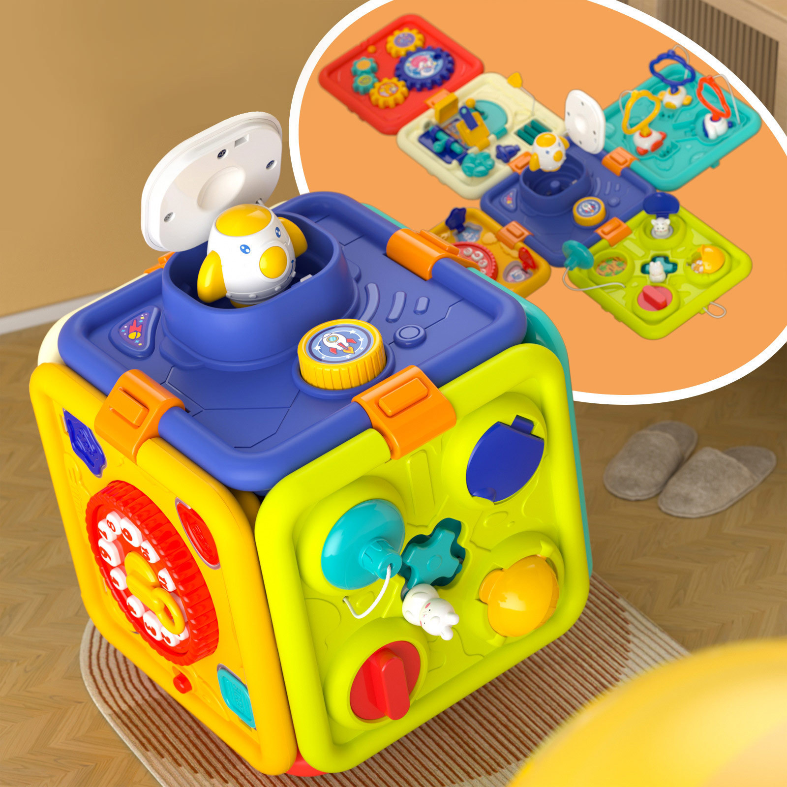 6 in 1 Multi-functional Toddler Sensory Busy Board Montessori Light Music Infant Activity Center Cube