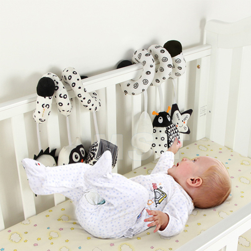 Newborn Crib Mobile Plush Sensory Toy Black White  Baby Crib Cot Pram Hanging Rattles Stretch Spiral Stroller Car Seat Toy