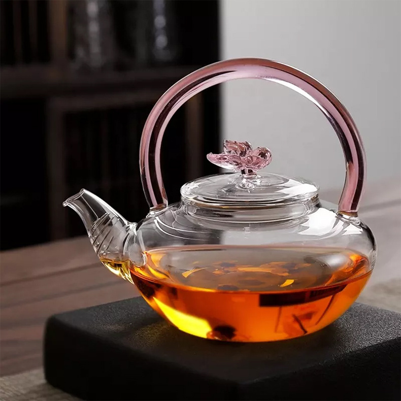 650ml high Borosilicate Glass Herbal Tea Pot with Strainer Pink butterfly gift flower Creative heat resistant Clear Kettle