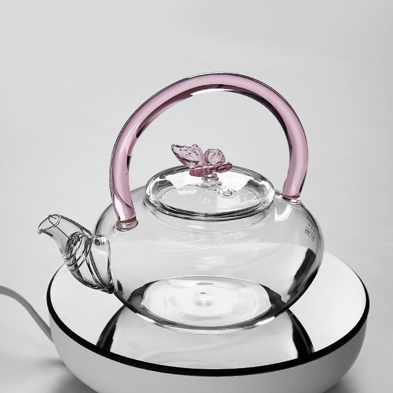 650ml high Borosilicate Glass Herbal Tea Pot with Strainer Pink butterfly gift flower Creative heat resistant Clear Kettle