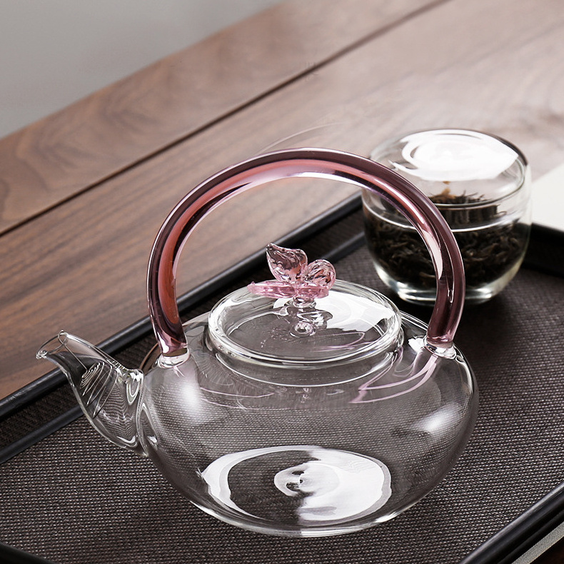 650ml high Borosilicate Glass Herbal Tea Pot with Strainer Pink butterfly gift flower Creative heat resistant Clear Kettle