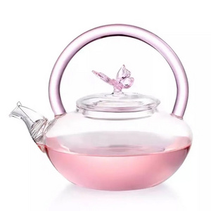 650ml high Borosilicate Glass Herbal Tea Pot with Strainer Pink butterfly gift flower Creative heat resistant Clear Kettle