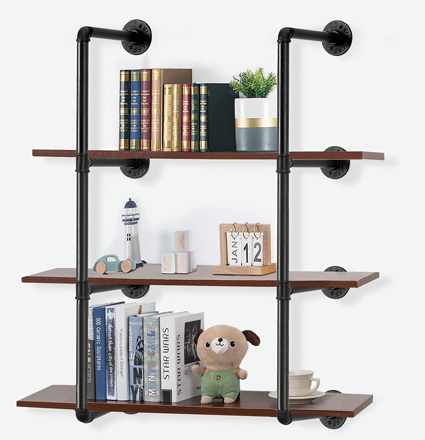 Shelves 2 3 Tier Diy Vintage Rustic Floating Ladder Rustic Metal Wooden Wall Mount Industrial Pipe Book Shelf Bookshelf Bookcase