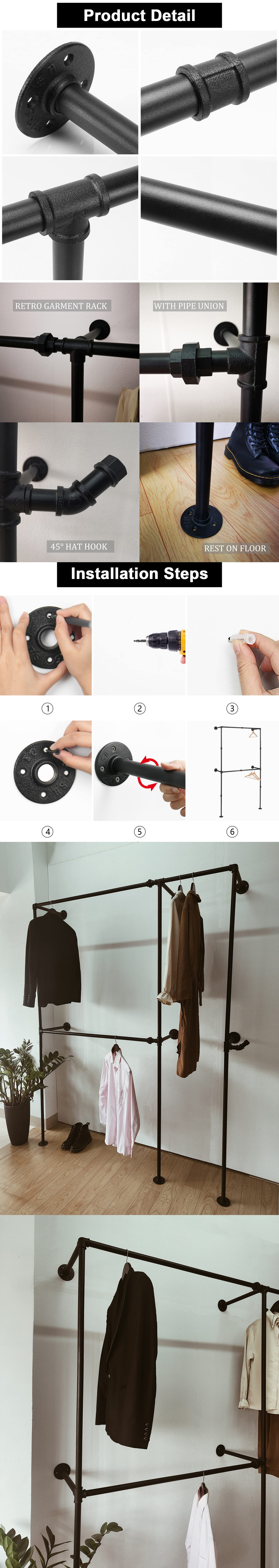 Industrial Iron Pipe Clothes Rack DIY Wall-Mounted Double-layer Garment Coat Hanger Heavy Duty Hanging Rod for Bedroom